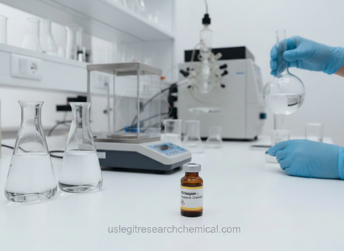 Guide to Diclazepam: Use, Dosage, Half-Life, effects and more to know. Pharmaceutical laboratory producing Diclazepam research chemical with professional glassware and safety equipment