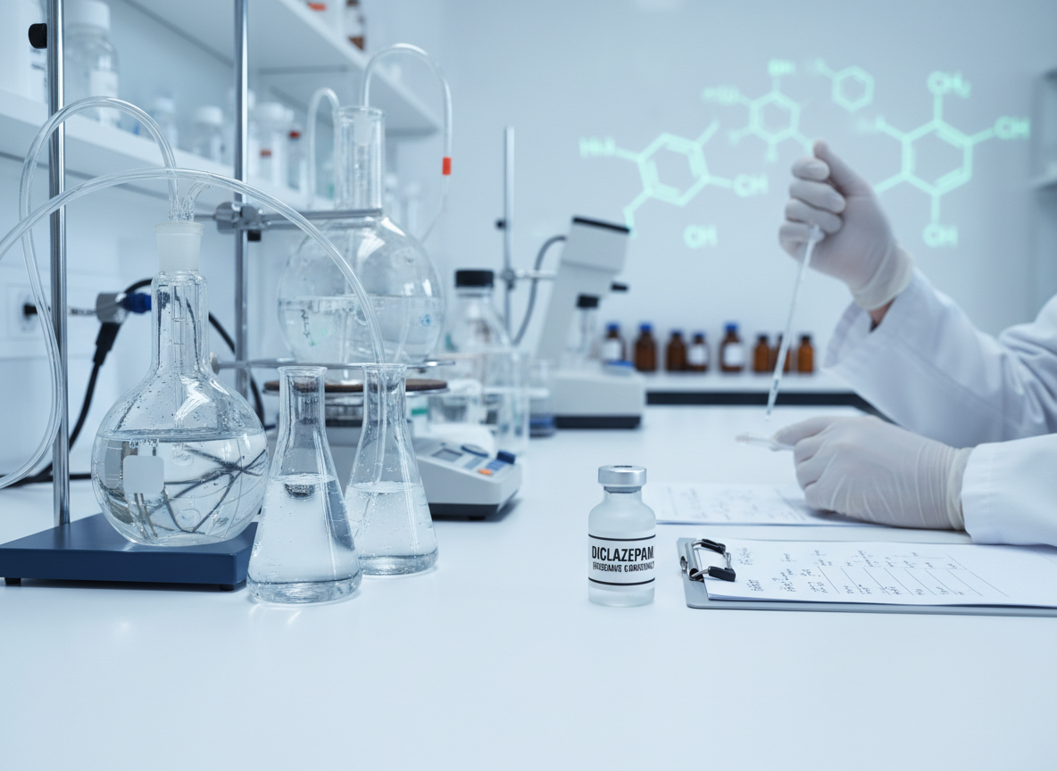 “Diclazepam Laboratory Synthesis and Production Process” “Laboratory scientist producing Diclazepam in research setting with chemical apparatus and protective equipment.”